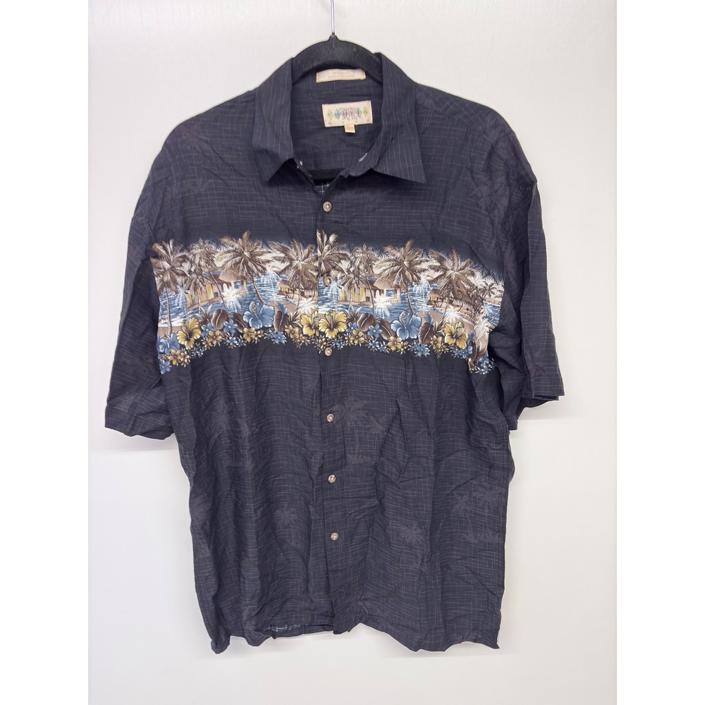 Campia Moda Tropical Button Down Mens Medium Black Rayon‎ Palm Tree Vacationcore